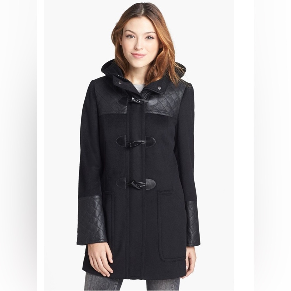Calvin Klein Black Wool Blend Trench Coat with Leather Trim Accents size L